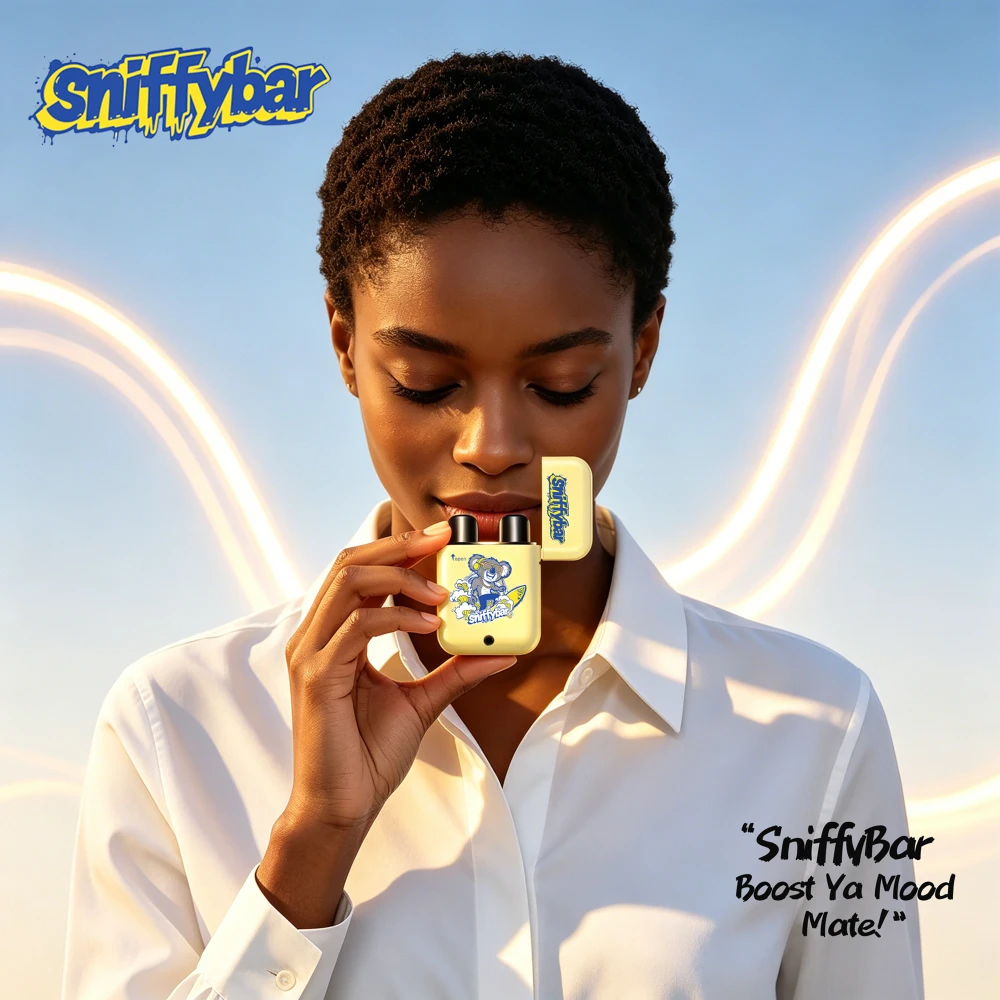 sniffybar-banana-buzz-fruity-herbal-inhaler-energy-mood-boost-usage-scene User holding Sniffybar Banana Buzz portable fruity inhaler for energy and mood boost