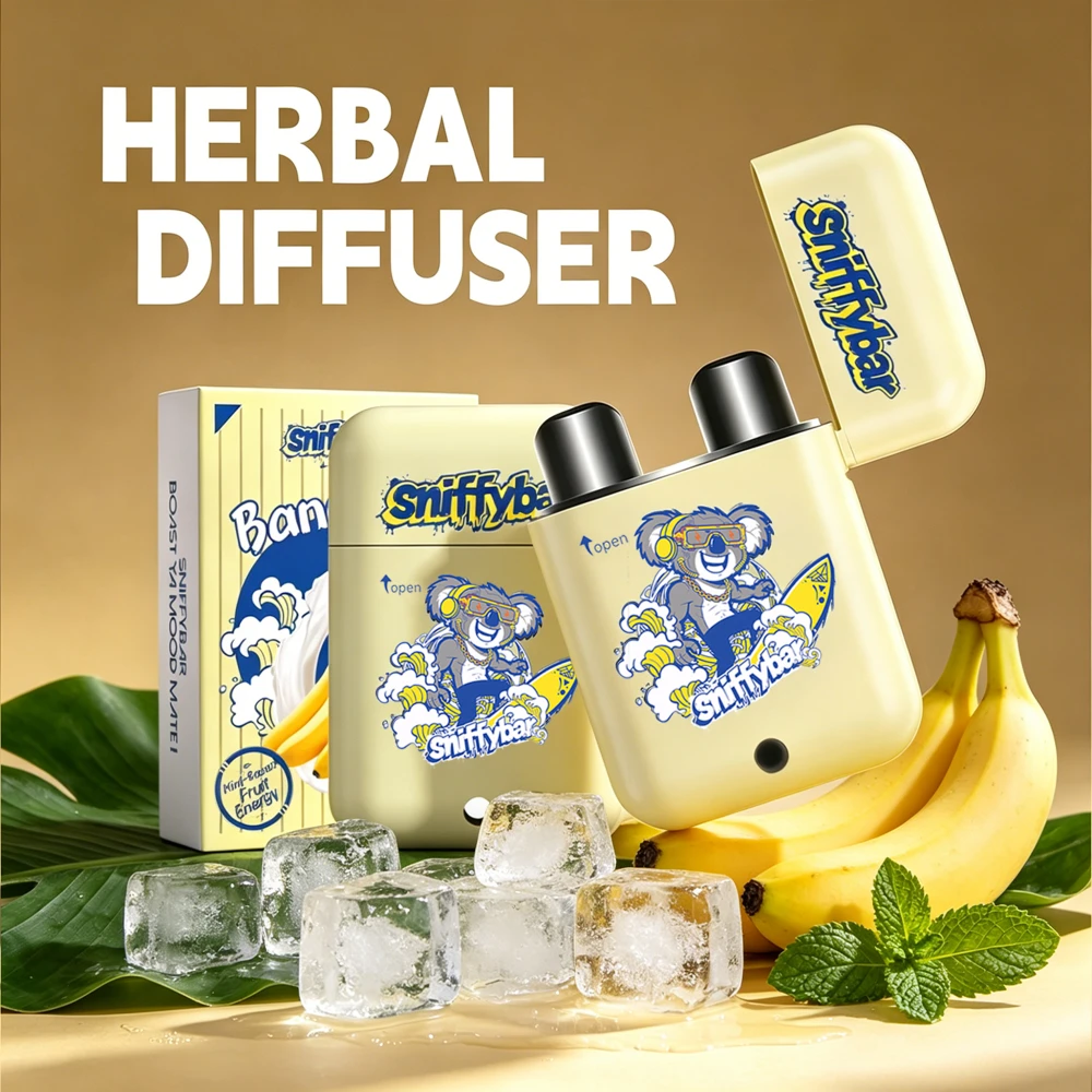 sniffybar-banana-buzz-herbal-diffuser-nicotine-free-fruity-inhaler-still-life Sniffybar Banana Buzz herbal diffuser, nicotine free banana scented inhaler with fresh banana raw materials