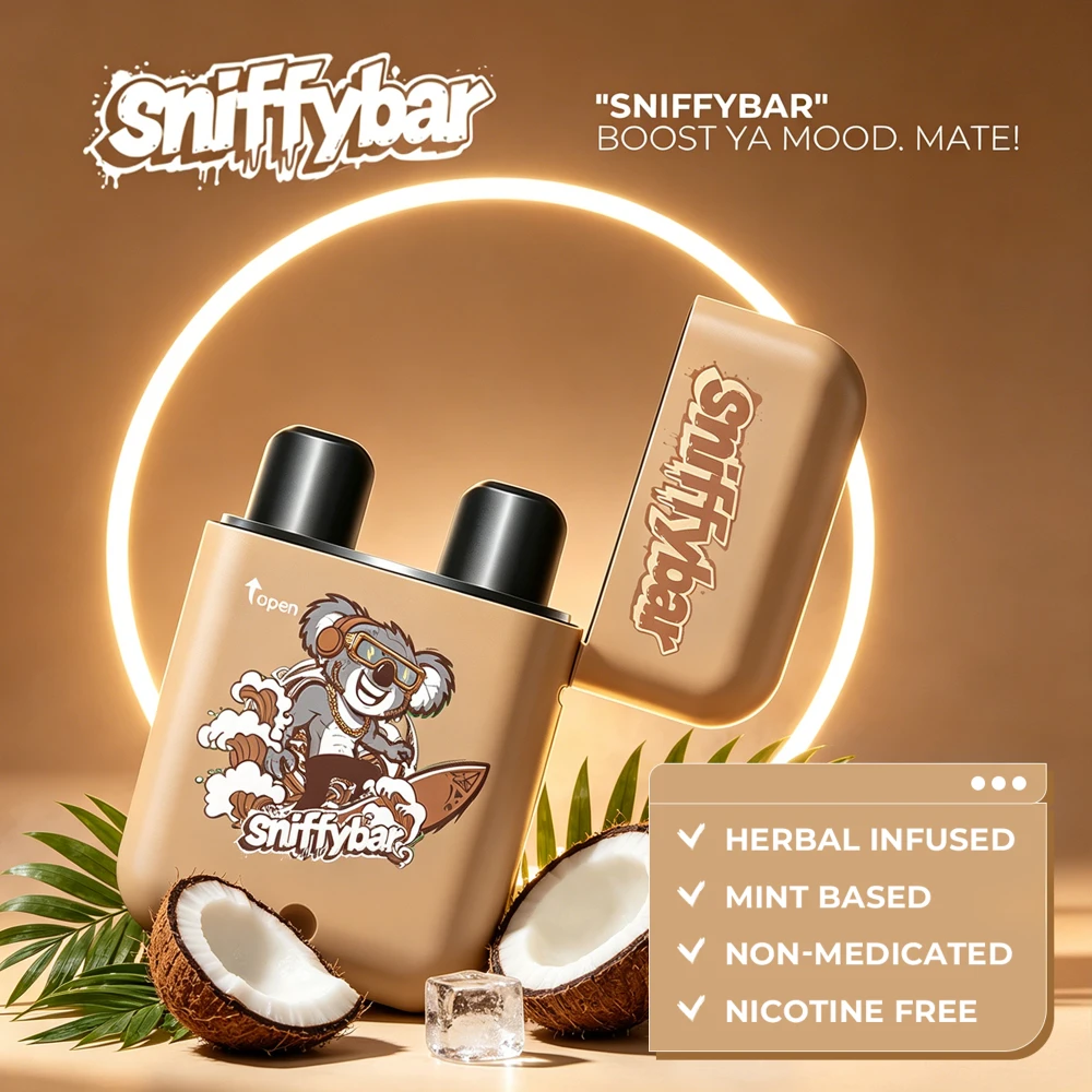 Sniffybar Coconut Smoothie herbal diffuser features: herbal infused, mint based, non-medicated, nicotine free
