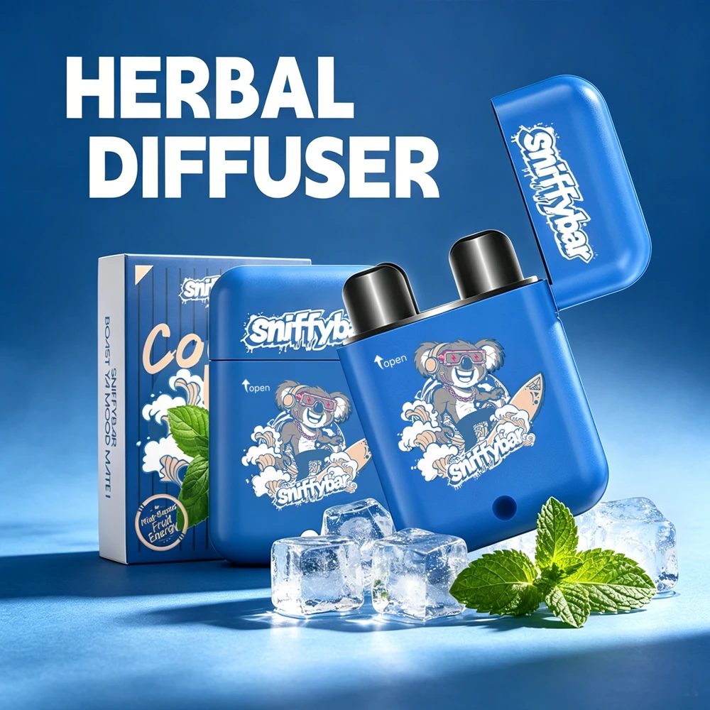 sniffybar-cool-mint-herbal-diffuser-nicotine-free-inhaler-still-life Sniffybar Cool Mint herbal diffuser, nicotine free mint inhaler with fresh peppermint raw materials