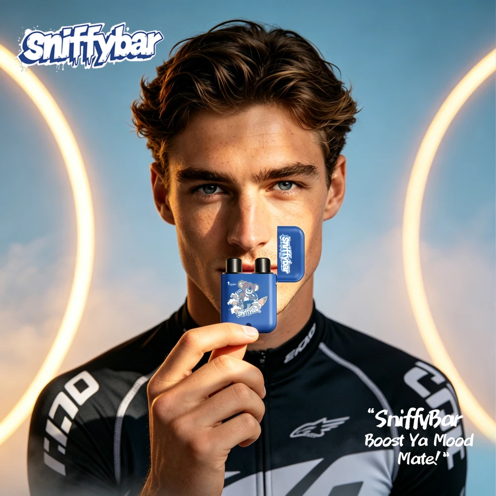 Man using Sniffybar Red Energy portable herbal inhaler for instant energy boost