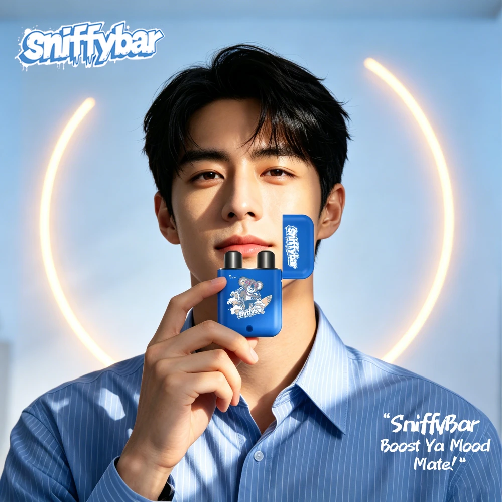 sniffybar-fresh-cool-mint-herbal-inhaler-mood-boost-usage-scene Person using Sniffybar Cool Mint portable inhaler for fresh breath and mood boost
