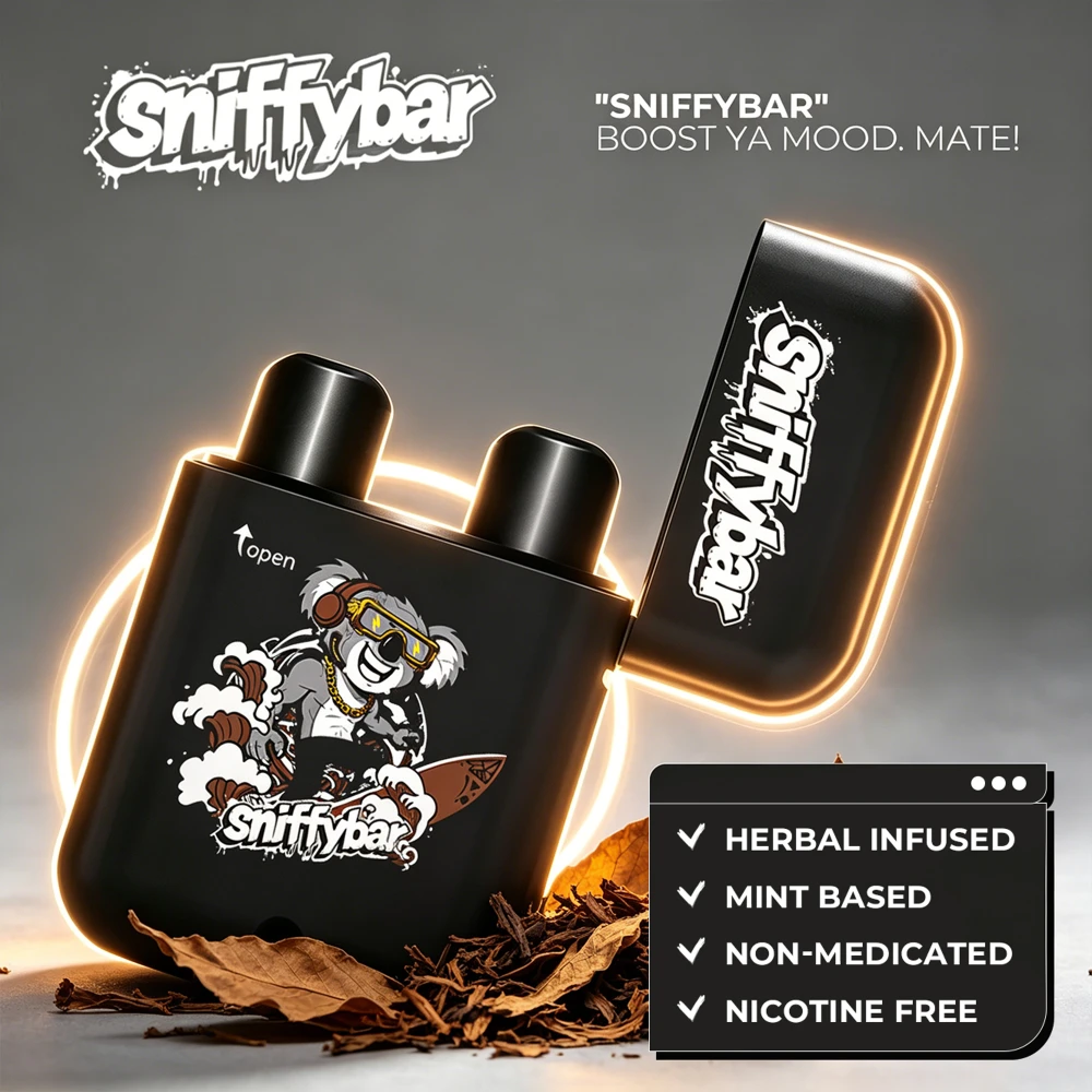 Sniffybar herbal diffuser features: mint based, herbal infused, non-medicated, nicotine free