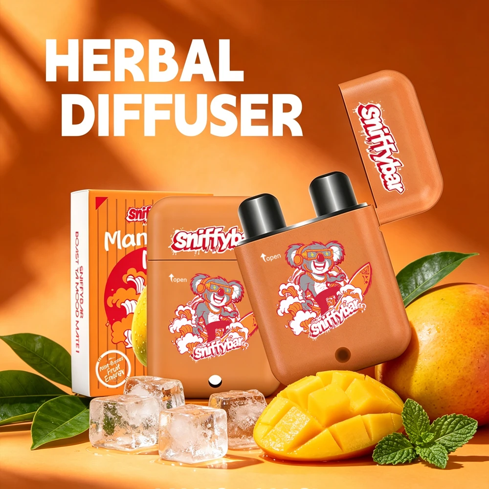 sniffybar-mango-magic-herbal-diffuser-nicotine-free-inhaler-still-life Sniffybar Mango Magic herbal diffuser, nicotine free fruit scented inhaler with fresh mango raw materials
