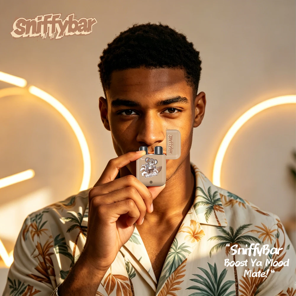 Young man using Sniffybar Coconut Smoothie mood boost herbal inhaler outdoors