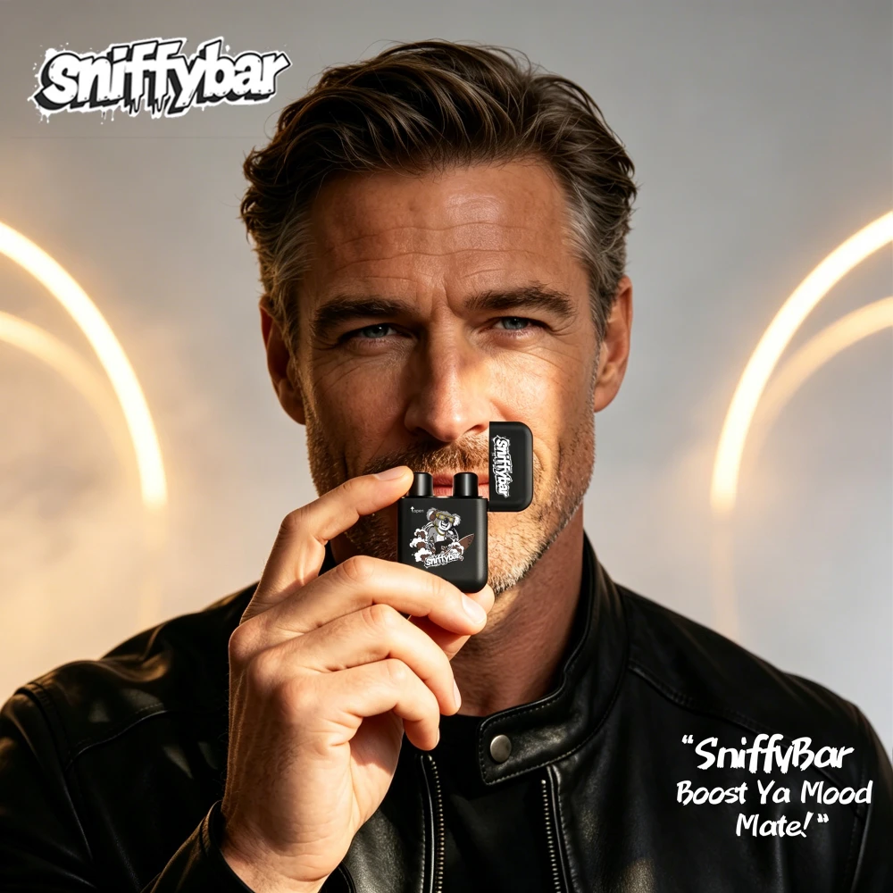 Man using Sniffybar mood boost herbal inhaler, portable herbal diffuser