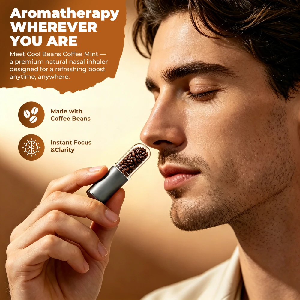 Man using Sniffybar Cool Beans coffee mint nasal inhaler, instant focus natural coffee aroma aromatherapy
