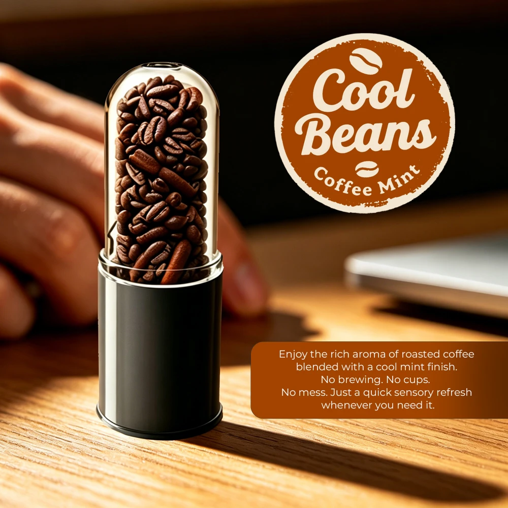 Cool Beans coffee mint aromatherapy nasal stick on office desk, rich coffee fresh mint scent without brewing