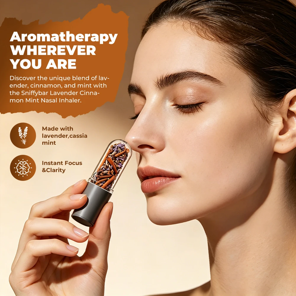 Woman using Sniffybar lavender cinnamon mint nasal inhaler for instant focus on the go aromatherapy