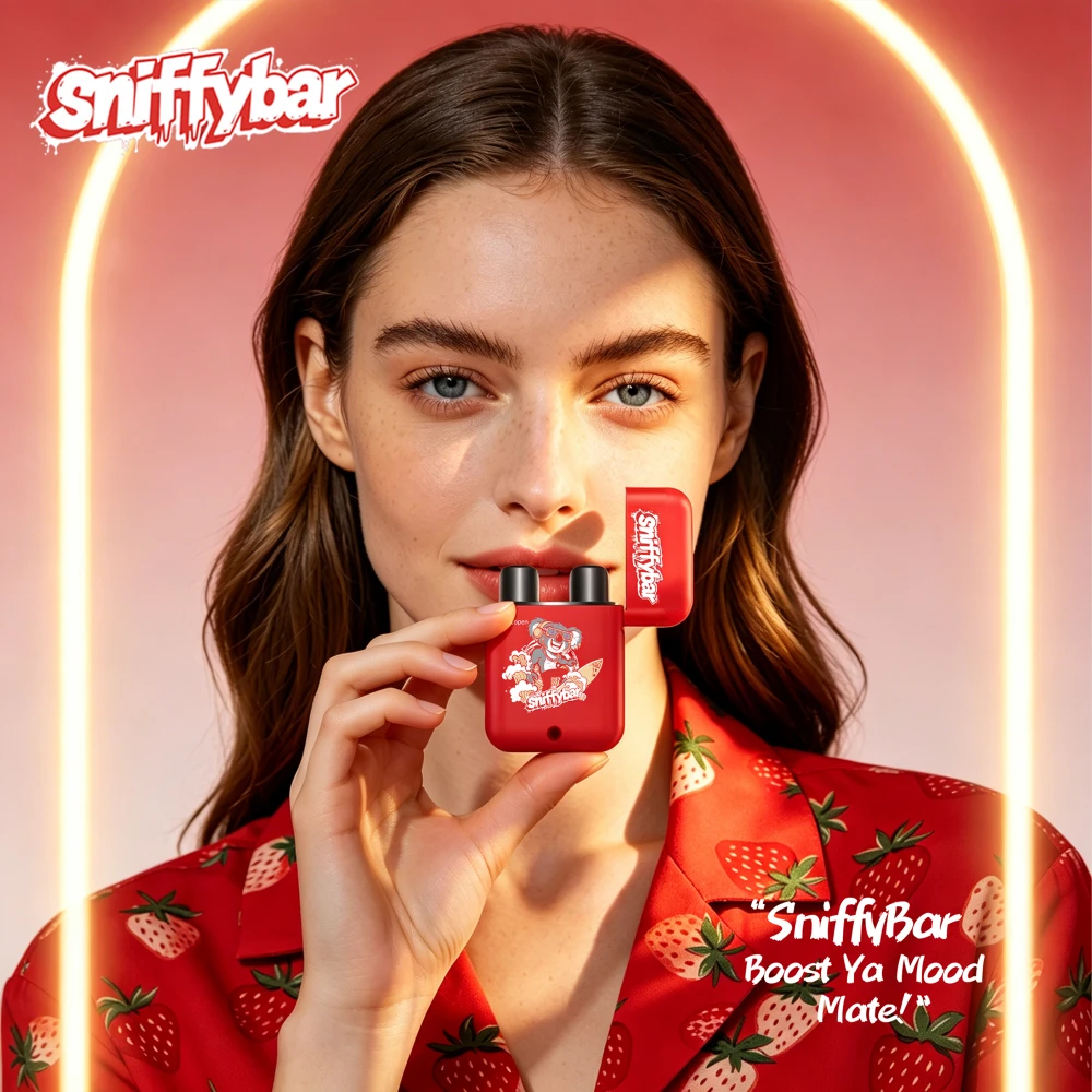 User holding Sniffybar Strawberry Ice portable cold fruity inhaler for mood refresh