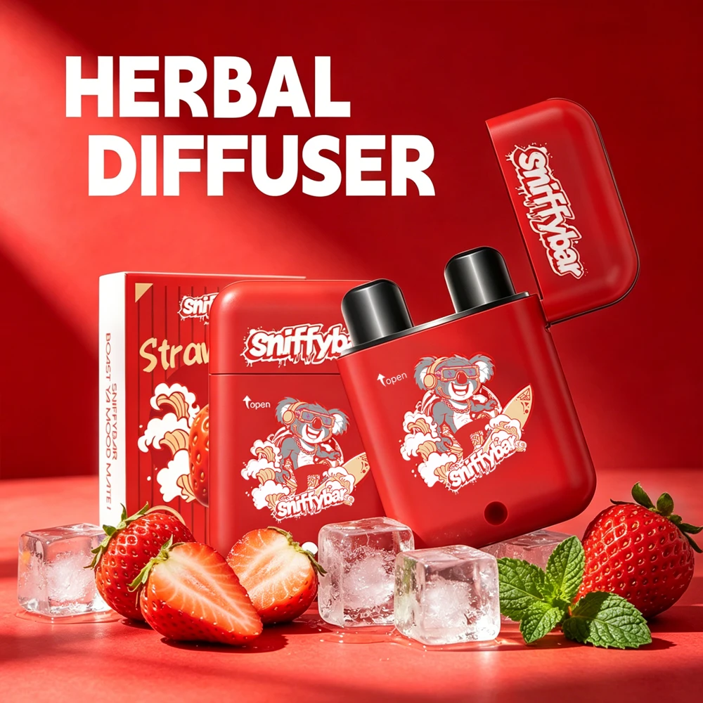 Sniffybar Strawberry Ice herbal diffuser, nicotine free strawberry scented inhaler with fresh strawberry raw