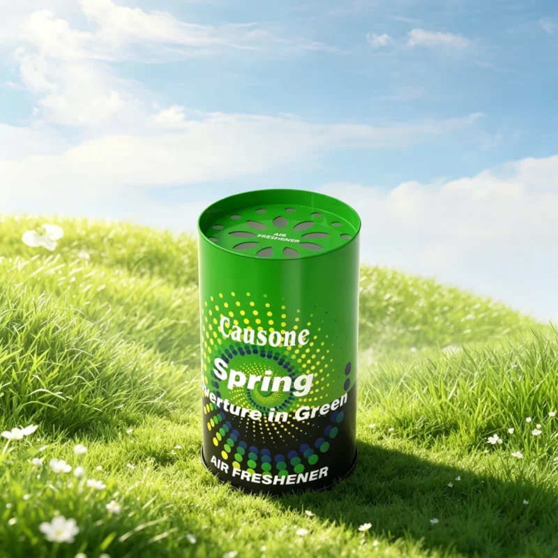 Causone Spring Overture in Green solid air freshener can on a spring meadow