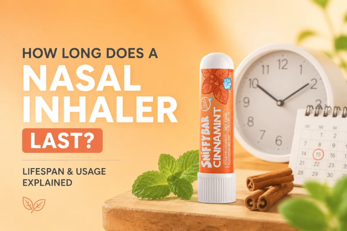 SniffyBar Cinnamint nasal inhaler lifespan and usage guide showing how long a nasal inhaler lasts