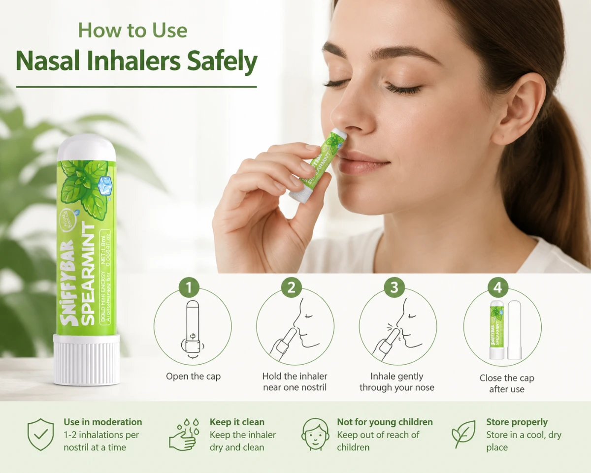 Sniffybar nasal inhaler safe usage guide showing how to open, inhale, and store the aromatherapy inhaler correctly