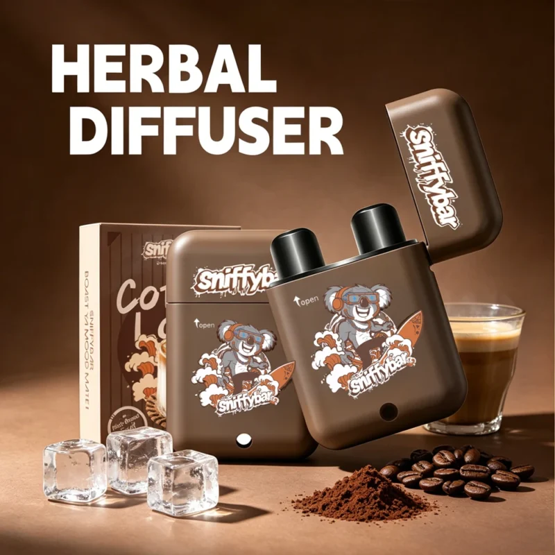 Sniffybar Coffee Latte nasal inhaler beside a coffee cup