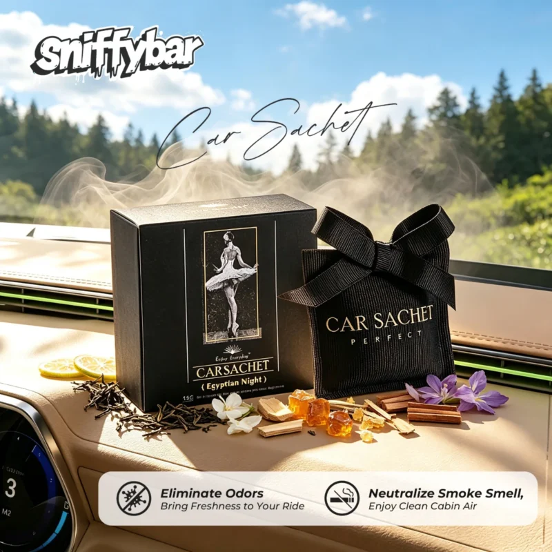 carsachet-egyptian-night-car-air-freshener-sachet CARSACHET Egyptian Night car air freshener sachet with gift box and scent ingredients on a car dashboard