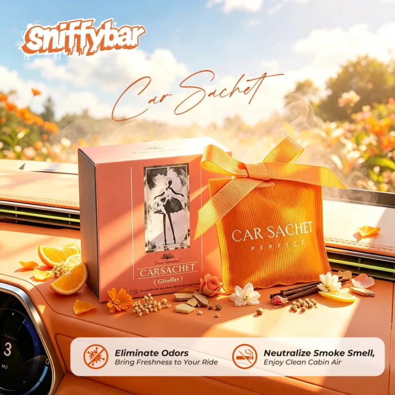 carsachet-giselle-citrus-car-air-freshener-sachet CARSACHET Giselle citrus car air freshener sachet with orange gift box and fruit on a car dashboard