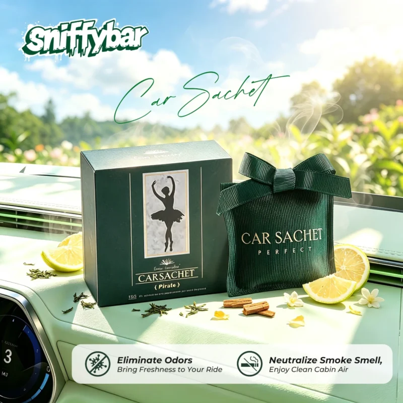 carsachet-pirate-green-tea-car-air-freshener-sachet CARSACHET Pirate green tea car air freshener sachet with green gift box and lemon on a car dashboard