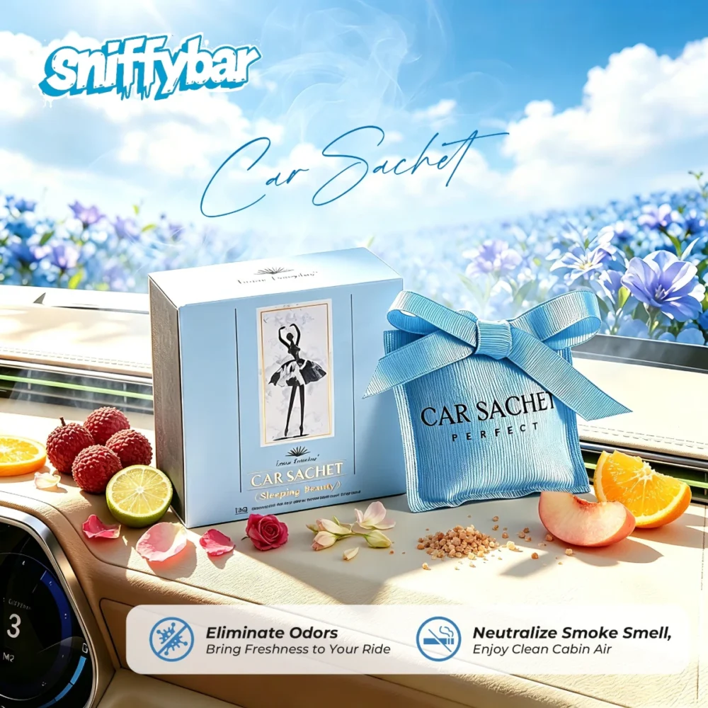 carsachet-sleeping-beauty-sweet-car-air-freshener-sachet CARSACHET Sleeping Beauty sweet car air freshener sachet with blue gift box and fruit on a car dashboard