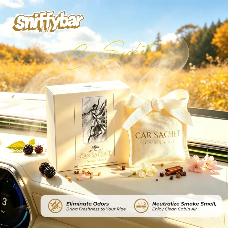 CARSACHET Swan Lake floral car air freshener sachet with cream gift box on a car dashboard