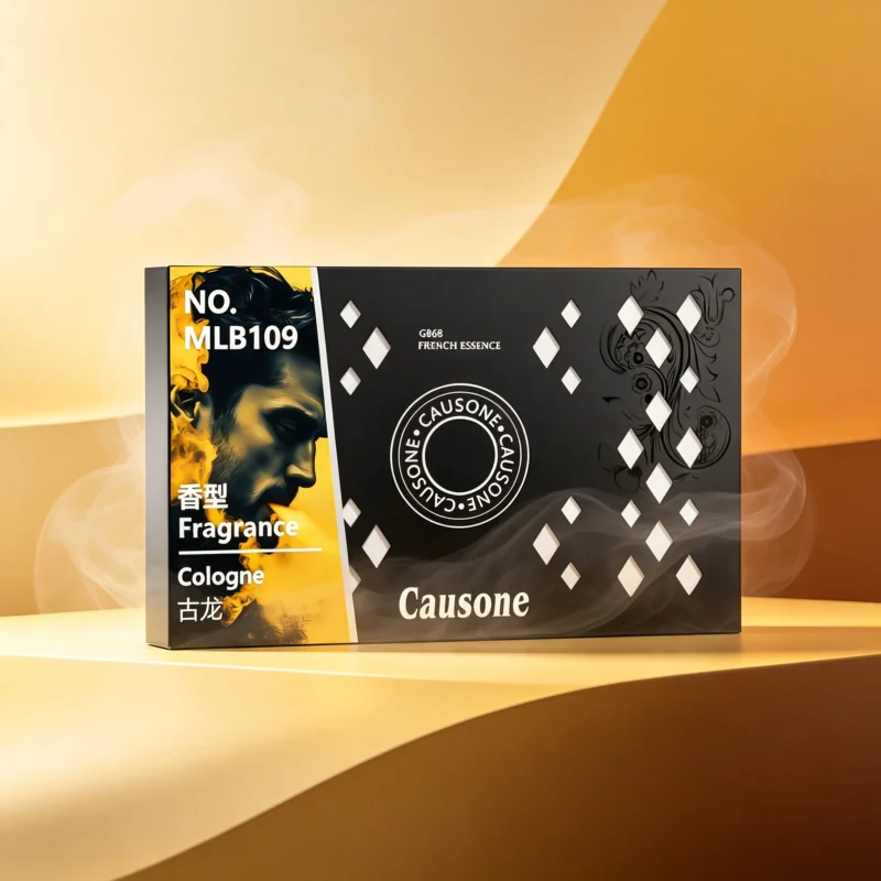 Causone Cologne air freshener box on a golden backdrop with soft smoke