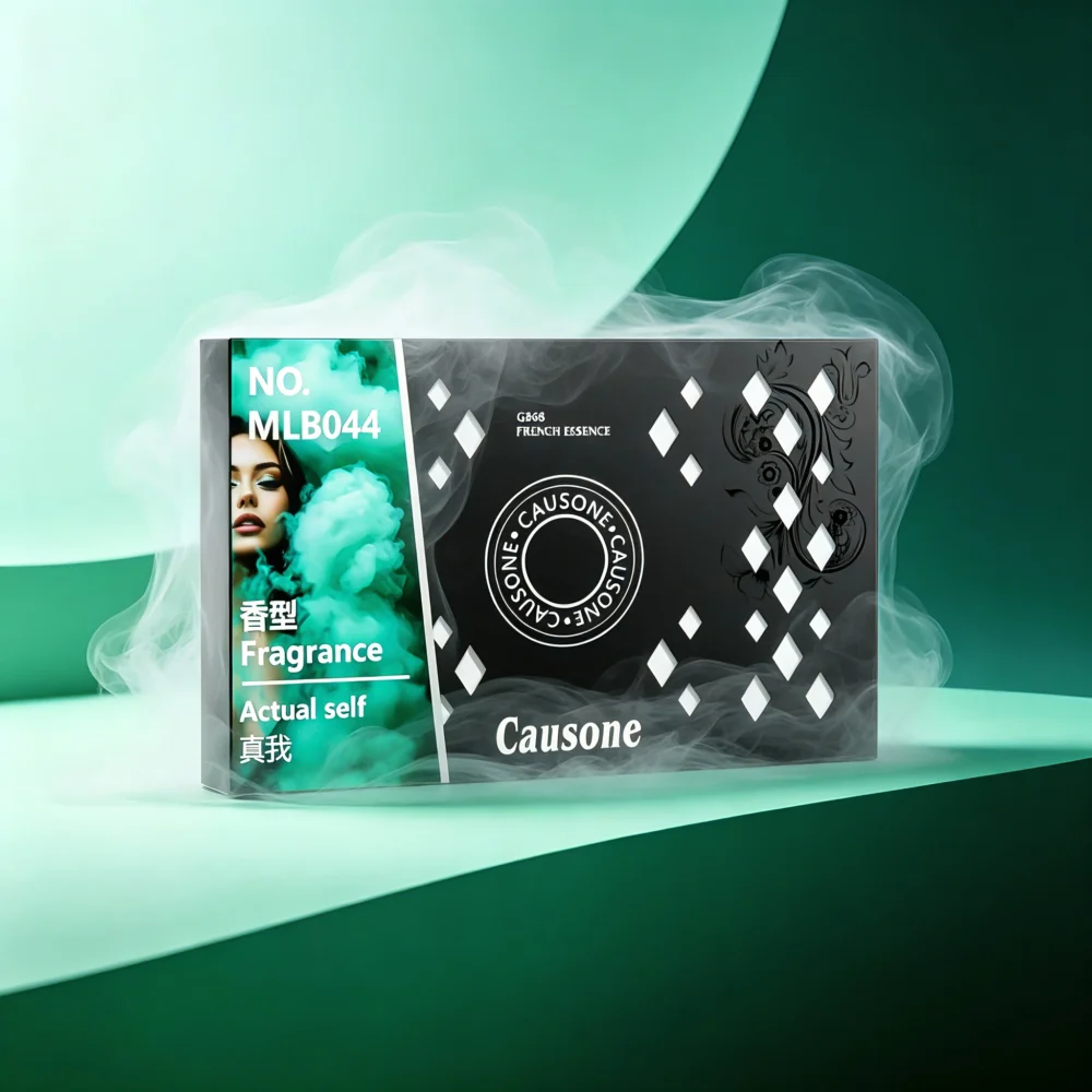 Causone Actual Self air freshener box on a green backdrop with soft smoke