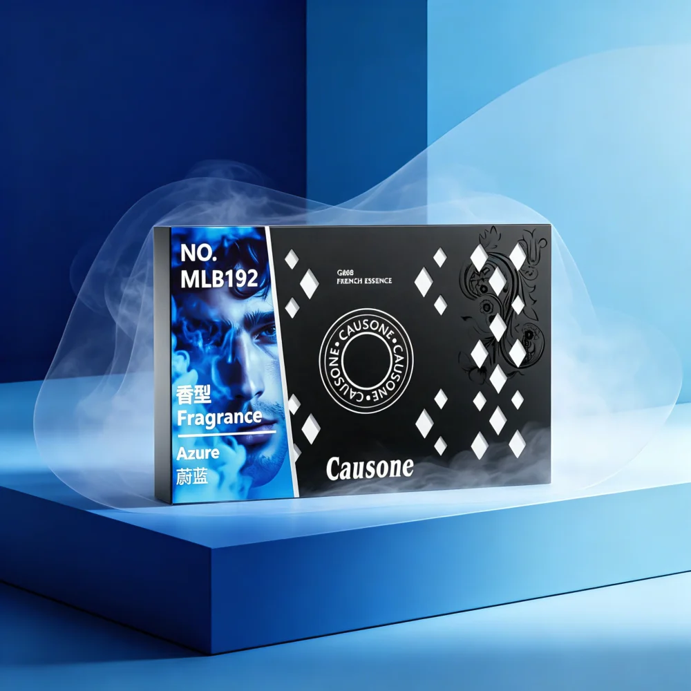 Causone Azure air freshener box on a blue backdrop with swirling mist