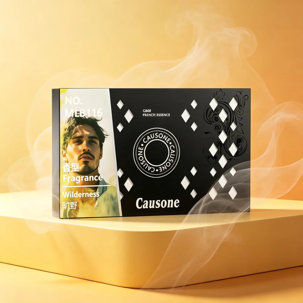Causone Wilderness air freshener box on an amber backdrop with soft mist