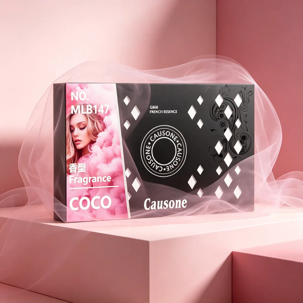 Causone COCO air freshener box on a pink backdrop with soft smoke