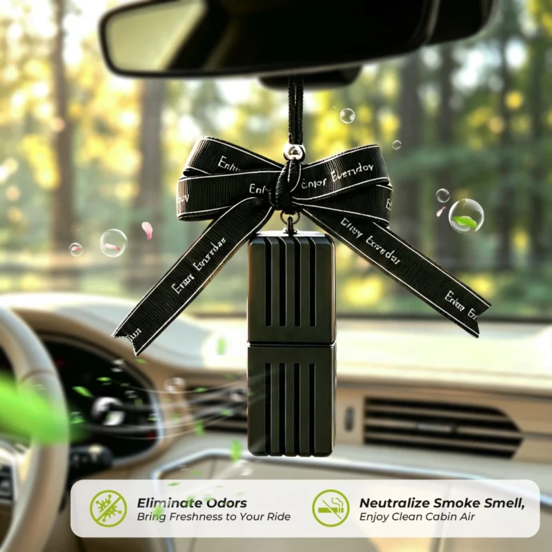 premium-hanging-car-air-freshener Premium hanging car air freshener with ribbon bow on a rearview mirror