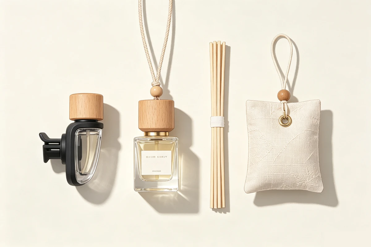 Types of essential oil car diffusers — vent clip, hanging, stick and sachet